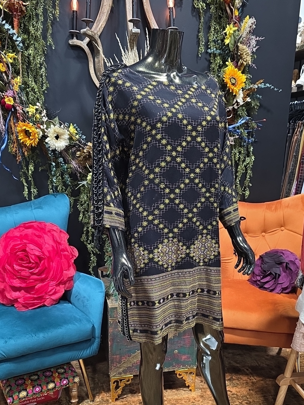 Free Peoole Black,Yellow & Gold Pattern Dress w/ Velvet corset arms & detail